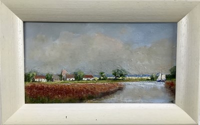 Lot 67 - David Slater (b.1943) oil on board - ‘Near Ludham, Norfolk’, 21.5cm x 11.5cm, monogrammed, framed