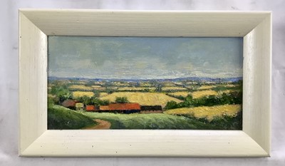 Lot 64 - David Slater (b.1943) oil on board - ‘Cornfields, Wiltshire’, 24cm x 11.5cm, monogrammed, framed