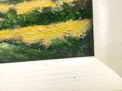 Lot 64 - David Slater (b.1943) oil on board - ‘Cornfields, Wiltshire’, 24cm x 11.5cm, monogrammed, framed