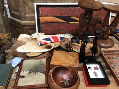Lot 41 - Collection of mostly South African tribal items, including a pair of stools, Impala skin, etc
