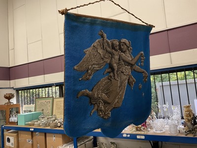 Lot 144 - Miscellany of items including Victorian beadwork banner, alabaster clock, pewter, writing slope, sundries