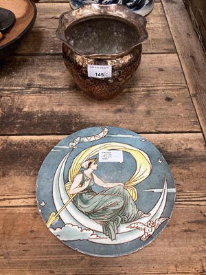 Lot 145 - Manner of Walter Crane, circular earthenware tile, titled Luna, by Benthall Works, Broseley, 20cm diameter, together with an Arts and Crafts jardinière by Mappin & Webb