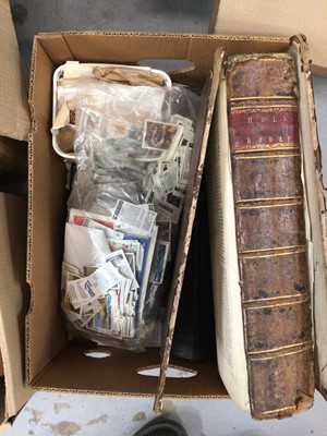 Lot 46 - Sundry items, including a Victorian mahogany box, binoculars, cigarette cards, glass topped display case, etc (4 boxes)
