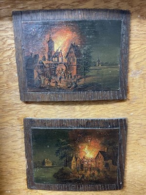Lot 1266 - Continental School, 19th century, pair of miniature oils depicting conflagrations, 8cm x 10cm each, mounted as one