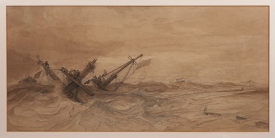 Lot 1271 - Edward Duncan (1803-1882) pencil and watercolour - The Goodwin Sands, monogrammed, 34cm x 70cm, exhibition label verso dated 1863, in glazed frame