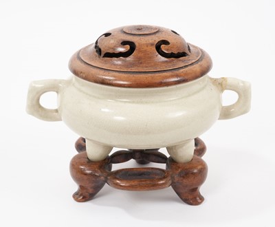 Lot 380 - Antique Chinese celadon glazed censor and wooden cover