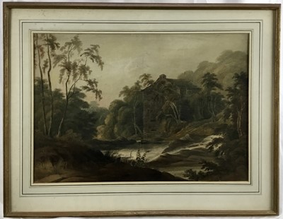 Lot 113 - Late 18th / early 19th century watercolour -  'John Thompson's Mill', Westmorland landscape, inscription preserved verso, 49cm x 34cm
