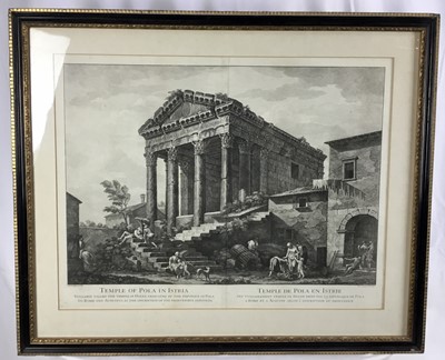 Lot 109 - Three 18th century architectural engravings Temple of Pola, Arch of Septimus Severus and Piazza Navona, in Hogarth frames, approx 77cm x 64cm overall