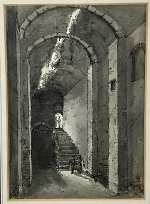 Lot 110 - 19th century monochrome depiction of a military encampment, together with a late 19th century watercolour of bridge and battlements