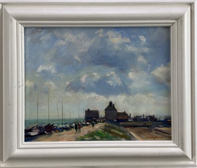 Lot 31 - James Hewitt (b. 1934) oil on board - 'Felixstowe Ferry, Morning Sky', signed, titled verso, 35.5cm x 27.5cm, framed
