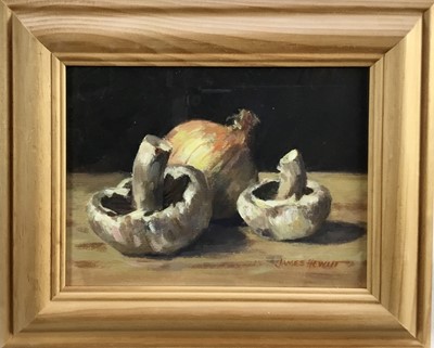 Lot 42 - James Hewitt (b. 1934) oil on board - ‘Study of mushrooms and onion’, signed, dated 2010 verso, 19cm x 14cm, in glazed frame