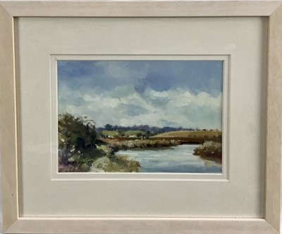 Lot 45 - James Hewitt (b. 1934) two works, oil on board - 'A Walk at Blythburgh' signed, 21cm x 15cm in glazed frame and 'High Water, Blythburgh', signed, 27.5cm x 18.5cm, framed