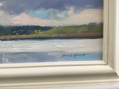 Lot 52 - James Hewitt (b. 1934) two works, oil on board - ‘Incoming Tide’, monogrammed, 20cm x 15cm and ‘October Sky, Blythburgh’, signed, 29cm x 20cm both framed