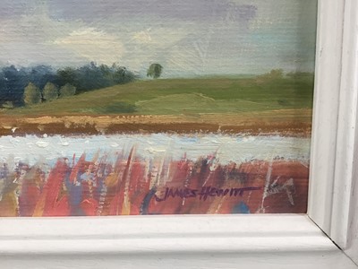 Lot 53 - James Hewitt (b. 1934) two works, oil on board - ‘Distant River, Evening Cloud’, monogrammed, 16cm x 12cm  and ‘Blythburgh Marshes’, signed 22.5cm x 15cm both framed