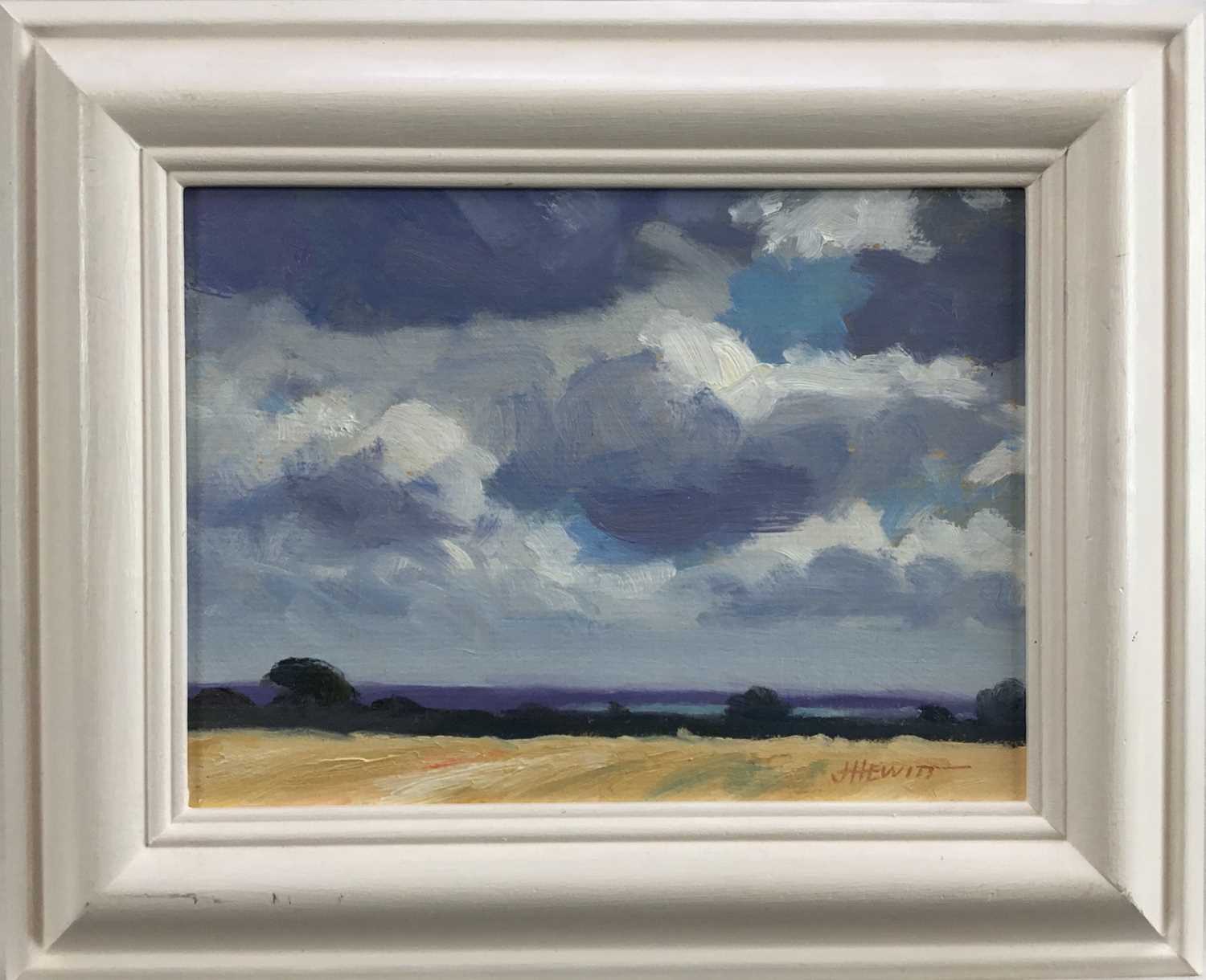 Lot 54 - James Hewitt (b. 1934) two works, oil on board - ‘August Sky over the Blackwater’, signed, 19cm x 14cm and ‘March Sky over the Blackwater’, signed, 34.5cm x 25cm both framed