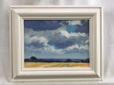 Lot 54 - James Hewitt (b. 1934) two works, oil on board - ‘August Sky over the Blackwater’, signed, 19cm x 14cm and ‘March Sky over the Blackwater’, signed, 34.5cm x 25cm both framed