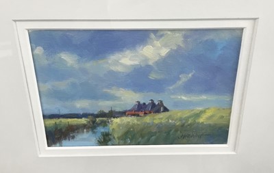 Lot 56 - James Hewitt (b. 1934) oil on board - ‘The Old Saltcote Mill 1970’s sunlight and shadow’, signed, titled verso, 17cm x 11cm in glazed frame