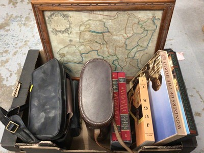 Lot 51 - Framed map of Essex, Folio Society books, binoculars, records, etc
