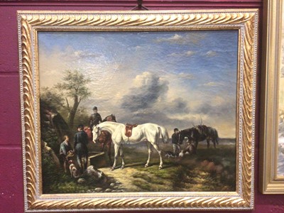 Lot 360 - 19th century style oil on board- the hunting party, in gilt frame