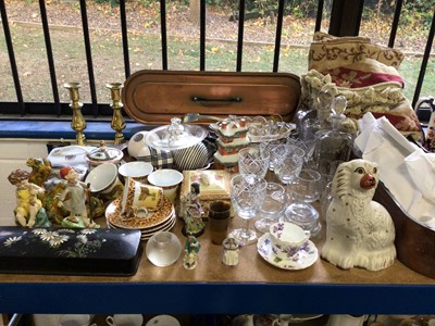 Lot 62 - Group of china, glassware, metalware, textiles, etc, including a Royal Worcester candle snuffer and other figures, a small Meissen figure, etc