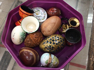 Lot 90 - Group of collectors eggs and eggcups, including a carved nut, a kaleidoscope, etc