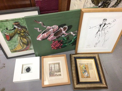 Lot 370 - Group of pictures and prints including an Indo-Persian manuscript leaf in glazed frame, cat studies etc