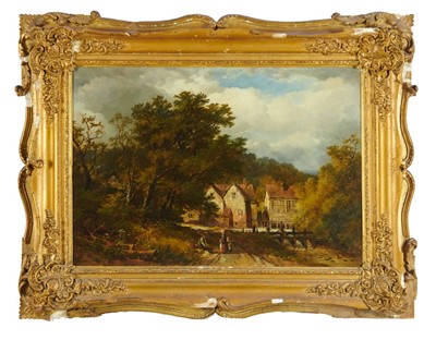 Lot 1208 - Manner of Edward Niemann (act.1863-1887), oil on panel - figures in a lane, believed to be a view of Bowaters Mill, Gloucestershire, 36cm x 51cm, in gilt frame