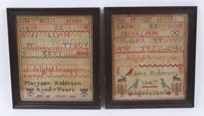 Lot 964 - Pair of early Victorian needlework samplers by sisters, 1847.