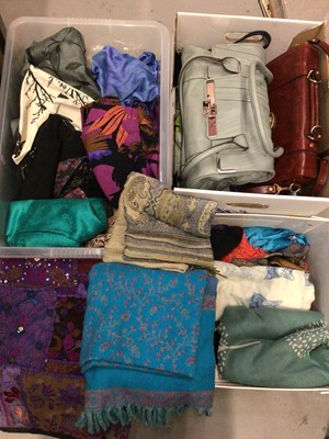 Lot 369 - Group of scarves and wraps, other fabrics, handbags and textiles