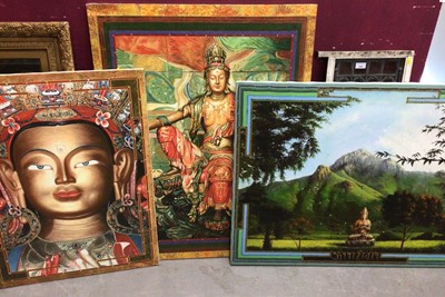 Lot 372 - Three Burmese canvases depicting Buddhas and a landscape scene, all signed verso