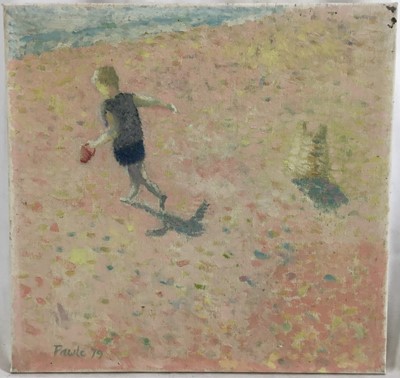 Lot 70 - *John Hanbury Pawle (1915-2010) oil on canvas- beach scene with child and sandcastle, signed, with interior scene verso, both dated '79, 39cm x 37.5cm, unframed