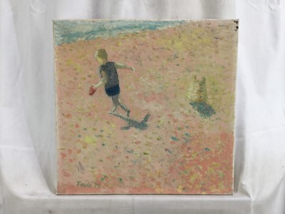 Lot 70 - *John Hanbury Pawle (1915-2010) oil on canvas- beach scene with child and sandcastle, signed, with interior scene verso, both dated '79, 39cm x 37.5cm, unframed