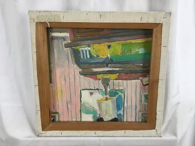 Lot 70 - *John Hanbury Pawle (1915-2010) oil on canvas- beach scene with child and sandcastle, signed, with interior scene verso, both dated '79, 39cm x 37.5cm, unframed