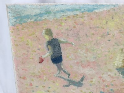 Lot 70 - *John Hanbury Pawle (1915-2010) oil on canvas- beach scene with child and sandcastle, signed, with interior scene verso, both dated '79, 39cm x 37.5cm, unframed