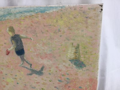 Lot 70 - *John Hanbury Pawle (1915-2010) oil on canvas- beach scene with child and sandcastle, signed, with interior scene verso, both dated '79, 39cm x 37.5cm, unframed