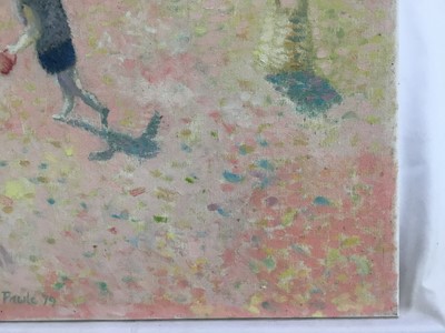 Lot 70 - *John Hanbury Pawle (1915-2010) oil on canvas- beach scene with child and sandcastle, signed, with interior scene verso, both dated '79, 39cm x 37.5cm, unframed