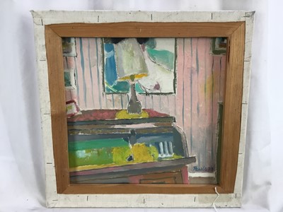 Lot 70 - *John Hanbury Pawle (1915-2010) oil on canvas- beach scene with child and sandcastle, signed, with interior scene verso, both dated '79, 39cm x 37.5cm, unframed