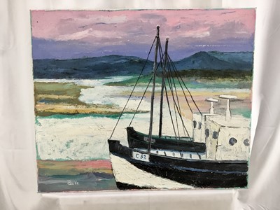 Lot 72 - *John Hanbury-Pawle (1915-2010) oil on canvas - moored vessels with hills beyond, signed, 61cm x 51cm, unframed