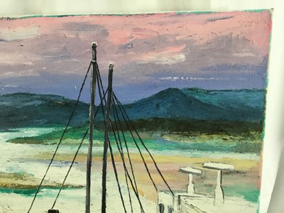 Lot 72 - *John Hanbury-Pawle (1915-2010) oil on canvas - moored vessels with hills beyond, signed, 61cm x 51cm, unframed