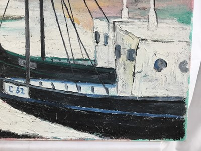 Lot 72 - *John Hanbury-Pawle (1915-2010) oil on canvas - moored vessels with hills beyond, signed, 61cm x 51cm, unframed