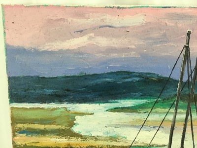 Lot 72 - *John Hanbury-Pawle (1915-2010) oil on canvas - moored vessels with hills beyond, signed, 61cm x 51cm, unframed