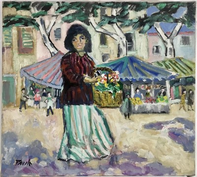 Lot 73 - *John Hanbury Pawle (1915-2010) oil on canvas - 'Gipsy flower seller, Montauroux', signed, 57cm x 51cm, titled verso,, unframed