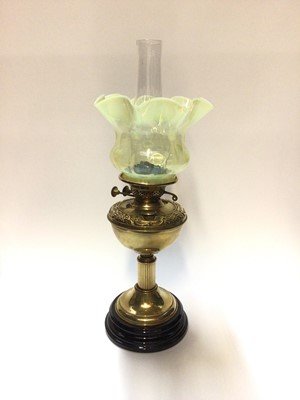 Lot 2459 - Victorian brass oil lamp with Vaseline glass shade and two further shades