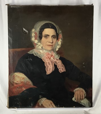 Lot 276 - 19th century oil on canvas - portrait of a lady wearing a bonnet, 64cm x 77cm unframed