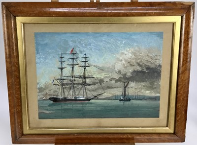 Lot 147 - 19th century English school watercolour on paper - vessels at sea, 28cm x 38cm, in maple frame, 56cm x 46cm overall