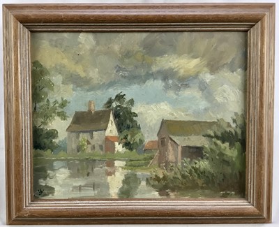 Lot 136 - Jack Welbourn oil on board - Suffolk Farmhouse Hinton 'High Poplars', monogrammed, 23cm x 18cm, Pastel Society label verso, in Bourlet frame