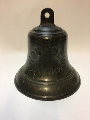 Lot 2471 - Harwich interest- Large bronze ships bell inscribed 'Norfolk Harwich', 27cm high x 27.5cm diameter