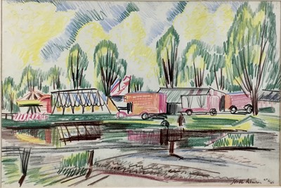 Lot 148 - Joseph Robinson (1910-1986) coloured pencil - The Fairground, signed and dated '48, 23cm x 35cm, in glazed gilt frame
