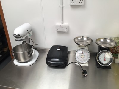 Lot 17 - A Kitchen Aid 5KPM50 enamelled electric food mixer with stainless steel bowl, George Foreman 18471 electric griddle, cables and plug, plus two 5 kg scales