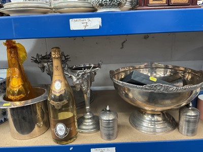 Lot 235 - Large silver plated punch bowl, silver plated 'top hat' ice bucket, two dummy magnum bottles of Cristal champagne, and plated items.